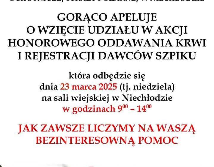  Niechłód: Akcja honorowego oddawania krwi i rejestracji dawców szpiku już 23 marca