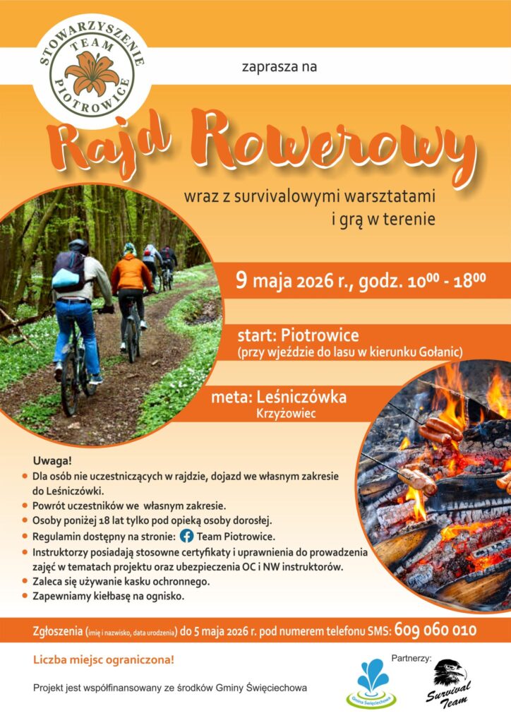 Plakat promujący Rajd Rowerowy Team Piotrowice 9 maja 2026
