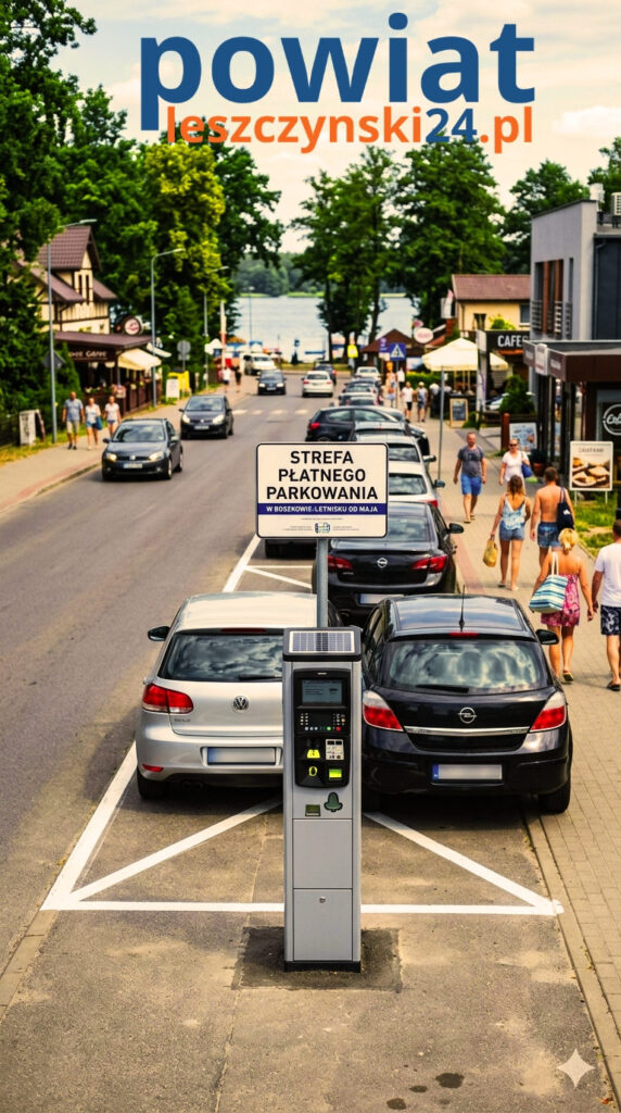 Parkomat w Boszkowie-Letnisku przy ulicy Dominickiej, strefa płatnego parkowania nad jeziorem.