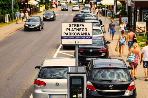Parkomat w Boszkowie-Letnisku przy ulicy Dominickiej, strefa płatnego parkowania nad jeziorem.