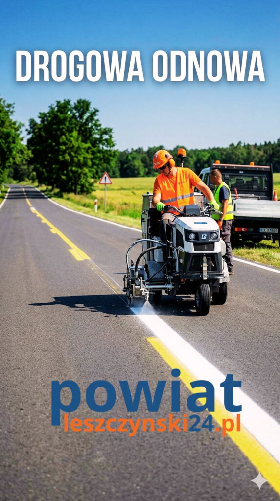 Maszyna malująca białe pasy na drodze powiatowej w powiecie leszczyńskim