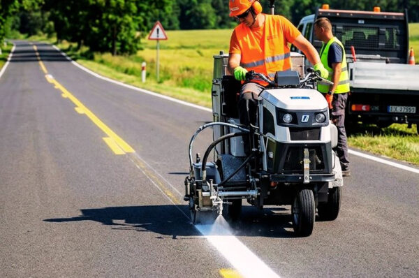 Maszyna malująca białe pasy na drodze powiatowej w powiecie leszczyńskim